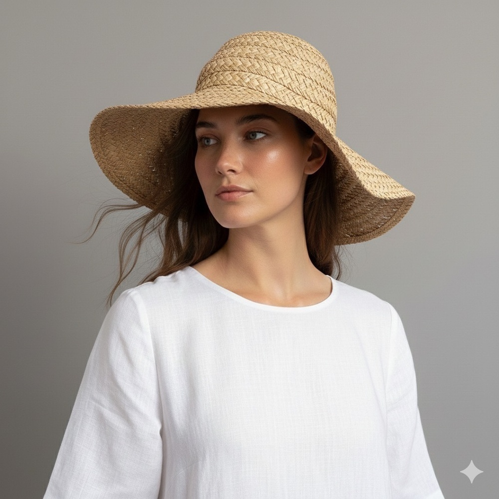 Vintage Natural Straw Raffia Floppy Large Brimmed Hat - O/S
